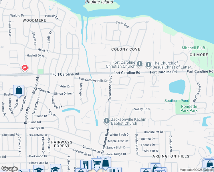 map of restaurants, bars, coffee shops, grocery stores, and more near 3500 Townsend Boulevard in Jacksonville
