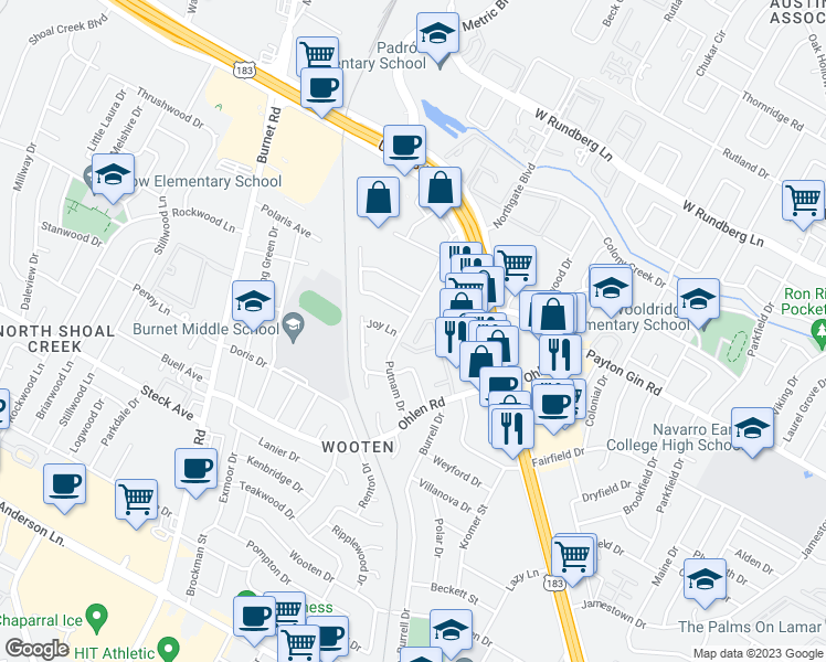 map of restaurants, bars, coffee shops, grocery stores, and more near 8603 Putnam Drive in Austin
