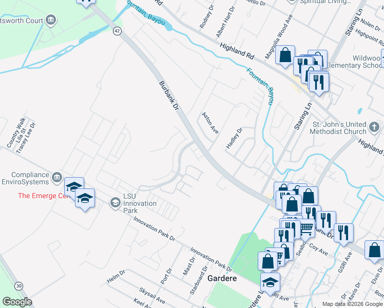 map of restaurants, bars, coffee shops, grocery stores, and more near Burbank Drive in Baton Rouge