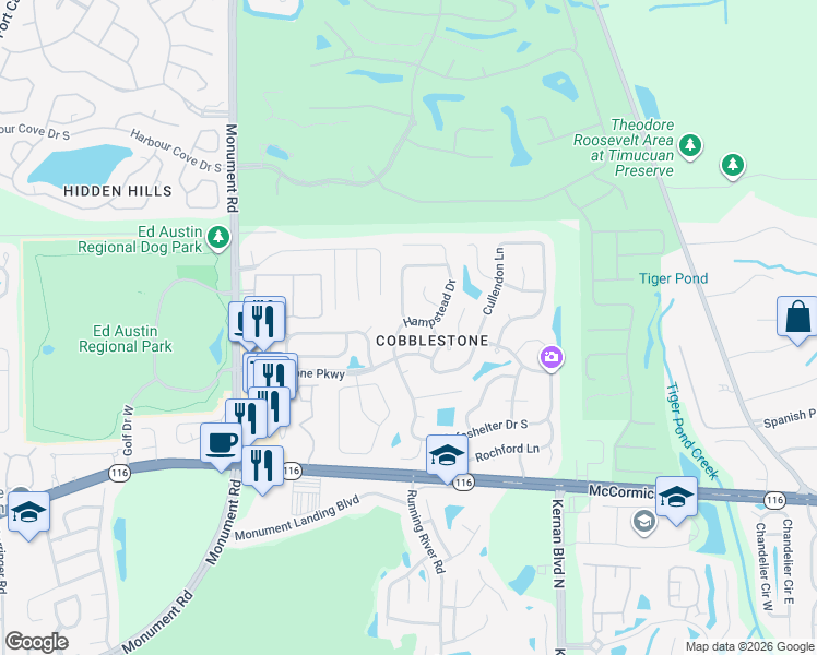 map of restaurants, bars, coffee shops, grocery stores, and more near 3013 Hampstead Drive in Jacksonville