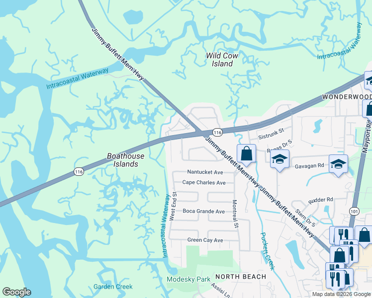 map of restaurants, bars, coffee shops, grocery stores, and more near 1515 Wonderwood Lane in Jacksonville