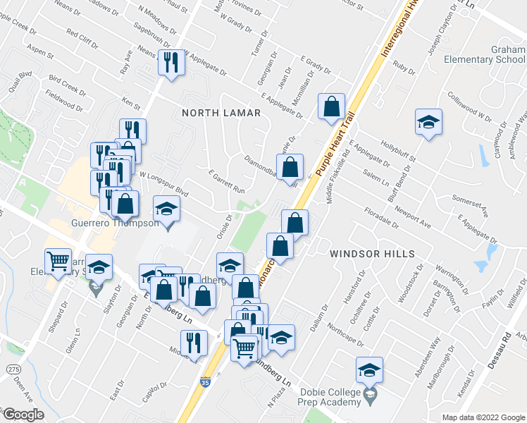 map of restaurants, bars, coffee shops, grocery stores, and more near 10001 Brownie Drive in Austin