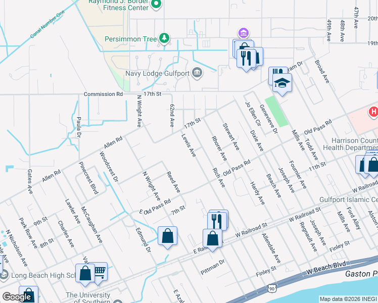 map of restaurants, bars, coffee shops, grocery stores, and more near 1431 Lewis Avenue in Gulfport