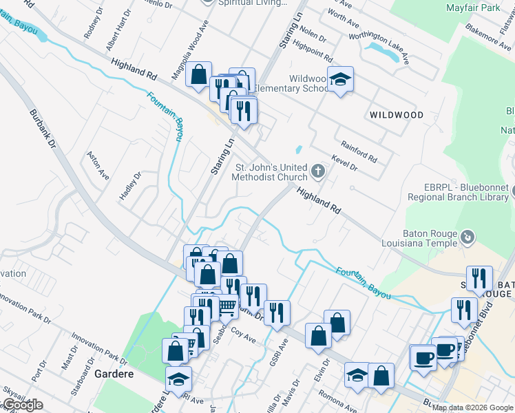 map of restaurants, bars, coffee shops, grocery stores, and more near 434 Gardere Lane in Baton Rouge