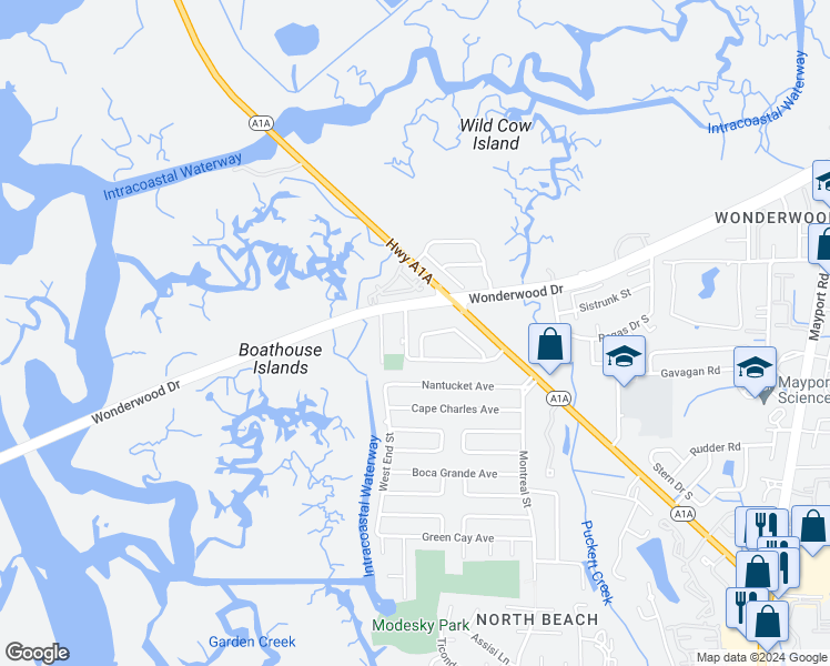 map of restaurants, bars, coffee shops, grocery stores, and more near 1515 Wonderwood Lane in Jacksonville