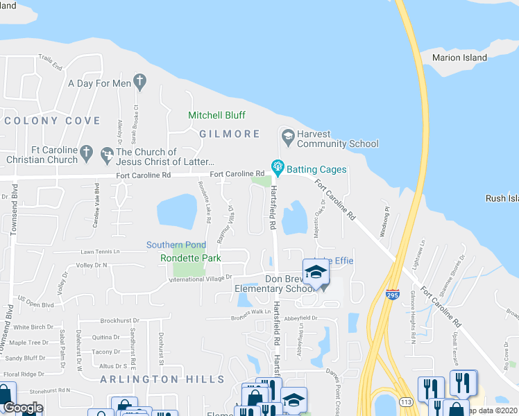 map of restaurants, bars, coffee shops, grocery stores, and more near 3684 Hartsfield Forest Circle in Jacksonville