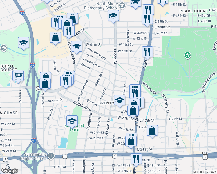 map of restaurants, bars, coffee shops, grocery stores, and more near 4226 North Pearl Street in Jacksonville