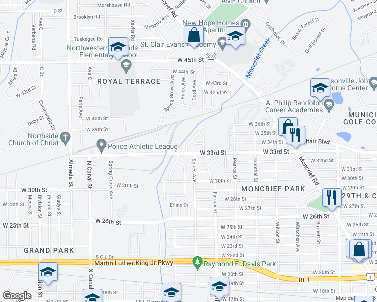map of restaurants, bars, coffee shops, grocery stores, and more near 1876 West 33rd Street in Jacksonville