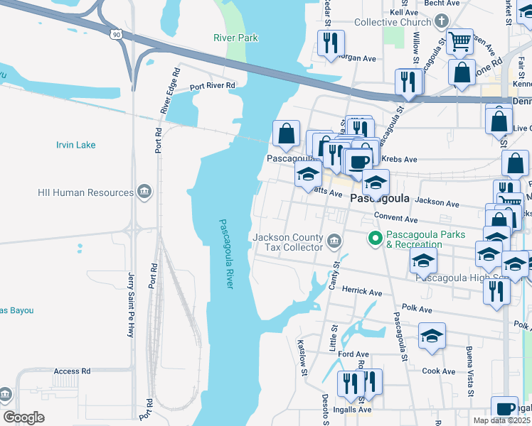 map of restaurants, bars, coffee shops, grocery stores, and more near 3002 Front St in Pascagoula