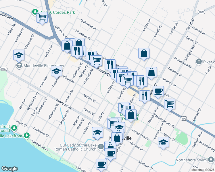map of restaurants, bars, coffee shops, grocery stores, and more near 740 Coffee Street in Mandeville