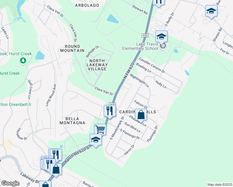 map of restaurants, bars, coffee shops, grocery stores, and more near 202 Ranch Road 620 South in Lakeway