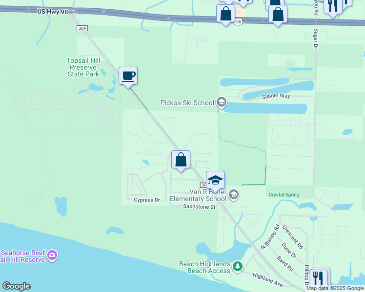 map of restaurants, bars, coffee shops, grocery stores, and more near 15 White Heron Drive in Santa Rosa Beach