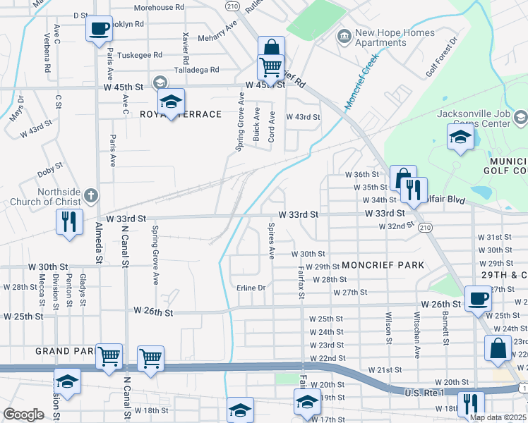 map of restaurants, bars, coffee shops, grocery stores, and more near 1876 West 33rd Street in Jacksonville