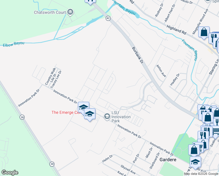 map of restaurants, bars, coffee shops, grocery stores, and more near 1219 Foxtail Drive in Baton Rouge