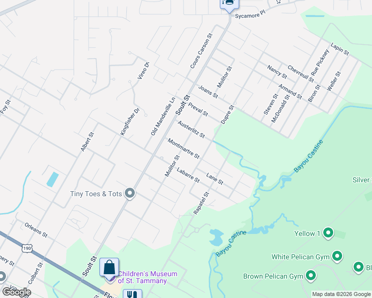 map of restaurants, bars, coffee shops, grocery stores, and more near 1695 Molitor Street in Mandeville