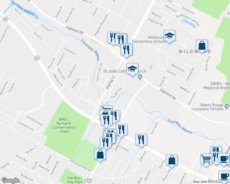 map of restaurants, bars, coffee shops, grocery stores, and more near 9126 Fox Run Avenue in Baton Rouge