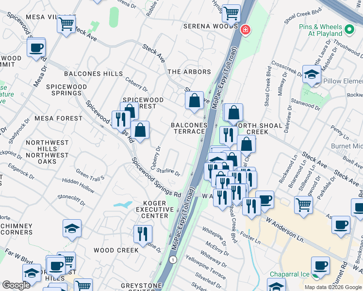 map of restaurants, bars, coffee shops, grocery stores, and more near 8004 Lawndale Drive in Austin
