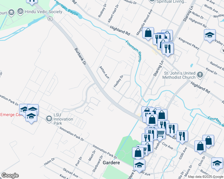 map of restaurants, bars, coffee shops, grocery stores, and more near 7810 Bayou Fountain Avenue in Baton Rouge