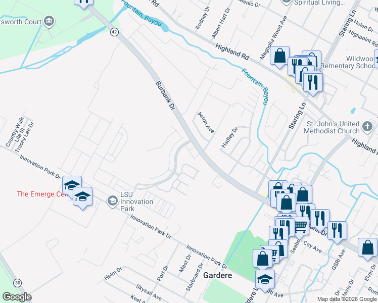 map of restaurants, bars, coffee shops, grocery stores, and more near Burbank Drive in Baton Rouge