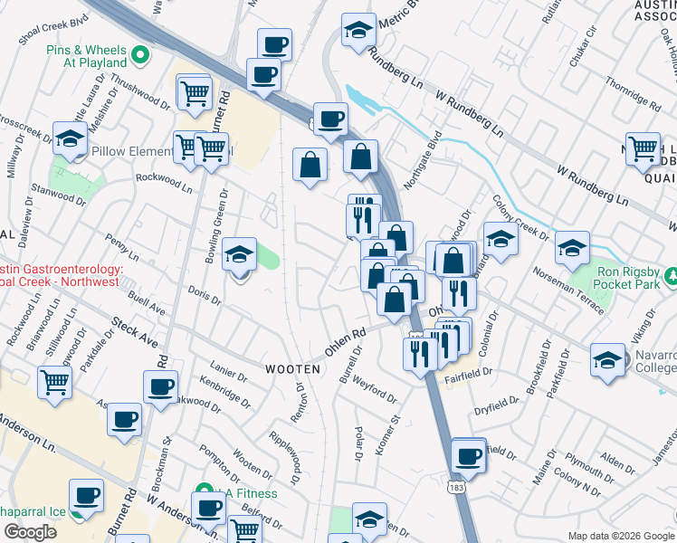 map of restaurants, bars, coffee shops, grocery stores, and more near 8605 Putnam Drive in Austin
