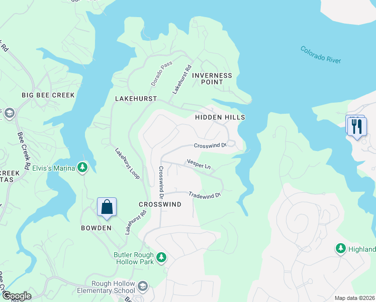 map of restaurants, bars, coffee shops, grocery stores, and more near 2641 Crosswind Drive in Spicewood