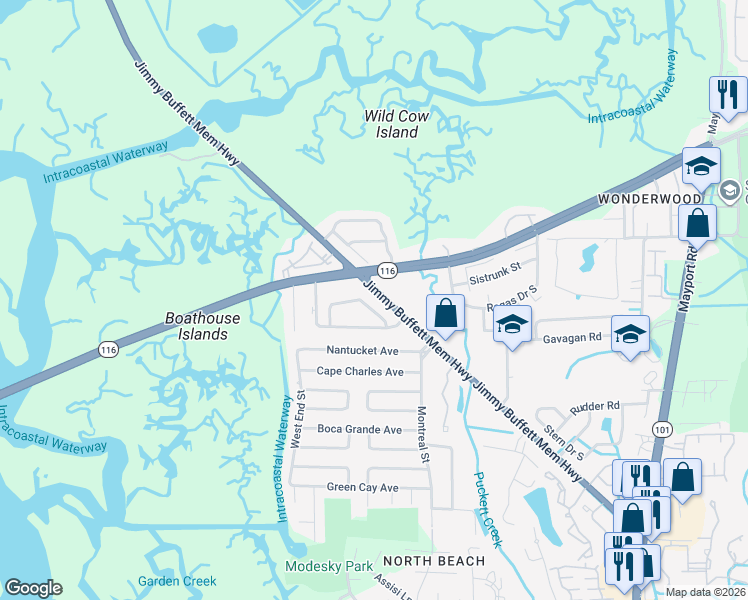 map of restaurants, bars, coffee shops, grocery stores, and more near 1131 Mayport Landing Circle in Atlantic Beach