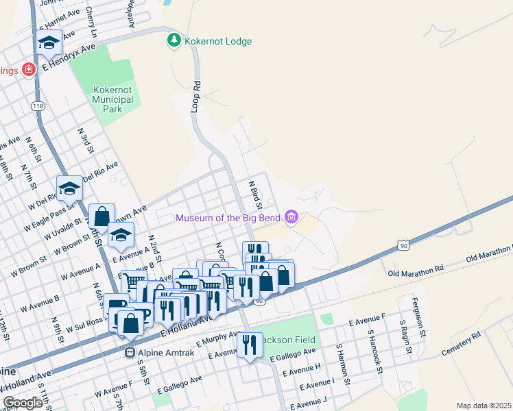 map of restaurants, bars, coffee shops, grocery stores, and more near 1103 East Avenue B in Alpine