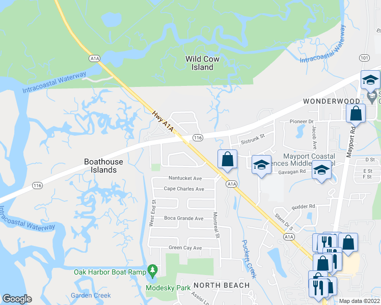 map of restaurants, bars, coffee shops, grocery stores, and more near 1131 Mayport Landing Circle in Atlantic Beach