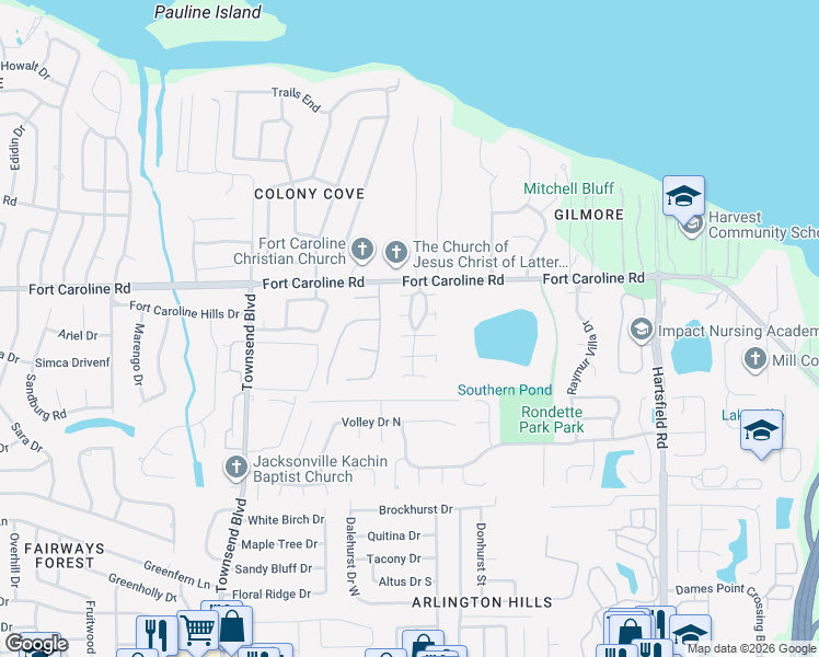 map of restaurants, bars, coffee shops, grocery stores, and more near 7725 Lynchburg Court West in Jacksonville