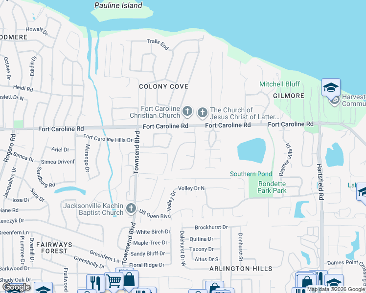 map of restaurants, bars, coffee shops, grocery stores, and more near 7605 Hovering Mist Way in Jacksonville