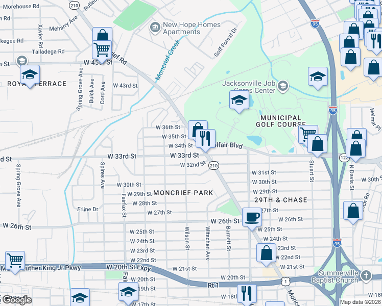 map of restaurants, bars, coffee shops, grocery stores, and more near 1527 West 32nd Street in Jacksonville