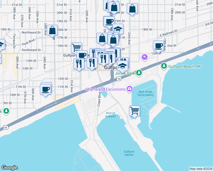 map of restaurants, bars, coffee shops, grocery stores, and more near Captain James McManus Drive in Gulfport