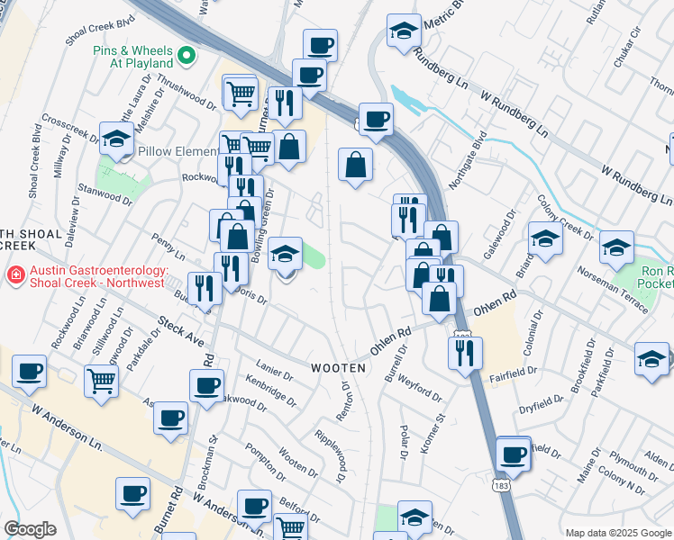 map of restaurants, bars, coffee shops, grocery stores, and more near 8522 Woodstone Drive in Austin