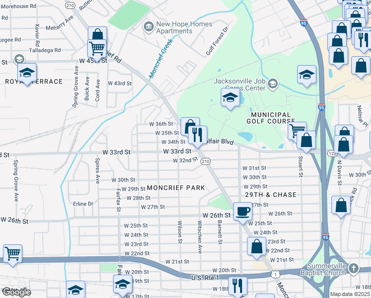 map of restaurants, bars, coffee shops, grocery stores, and more near 1511 West 33rd Street in Jacksonville