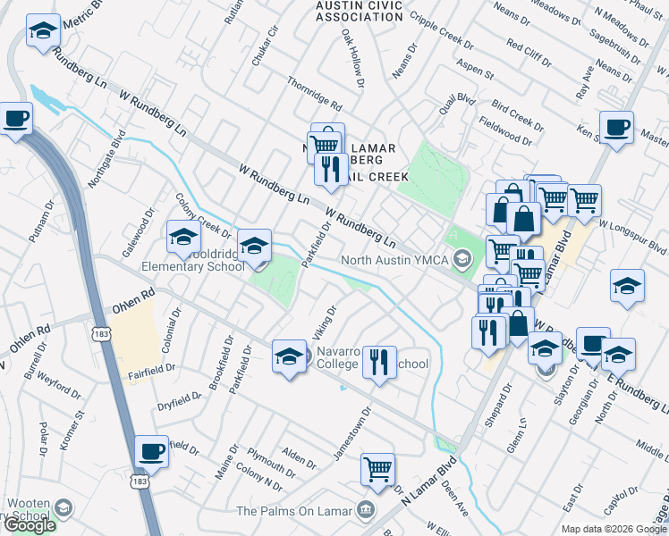 map of restaurants, bars, coffee shops, grocery stores, and more near 1108 Little Elm Park in Austin