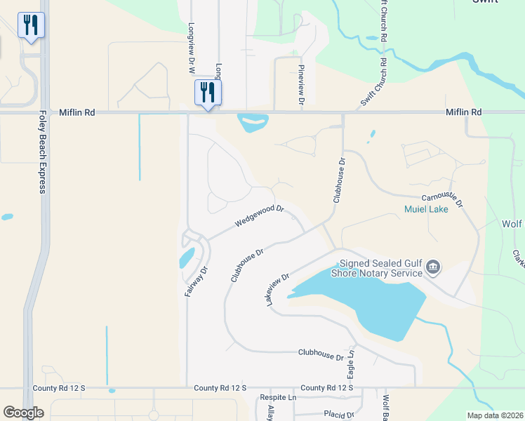 map of restaurants, bars, coffee shops, grocery stores, and more near Wedgewood Drive in Foley