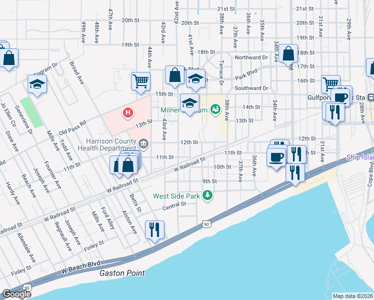 map of restaurants, bars, coffee shops, grocery stores, and more near 4200 West Railroad Street in Gulfport