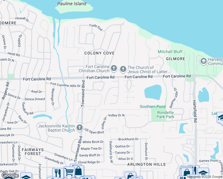 map of restaurants, bars, coffee shops, grocery stores, and more near 7605 Hovering Mist Way in Jacksonville