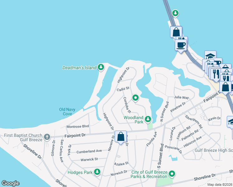 map of restaurants, bars, coffee shops, grocery stores, and more near 303 Cordoba Street in Pensacola Beach