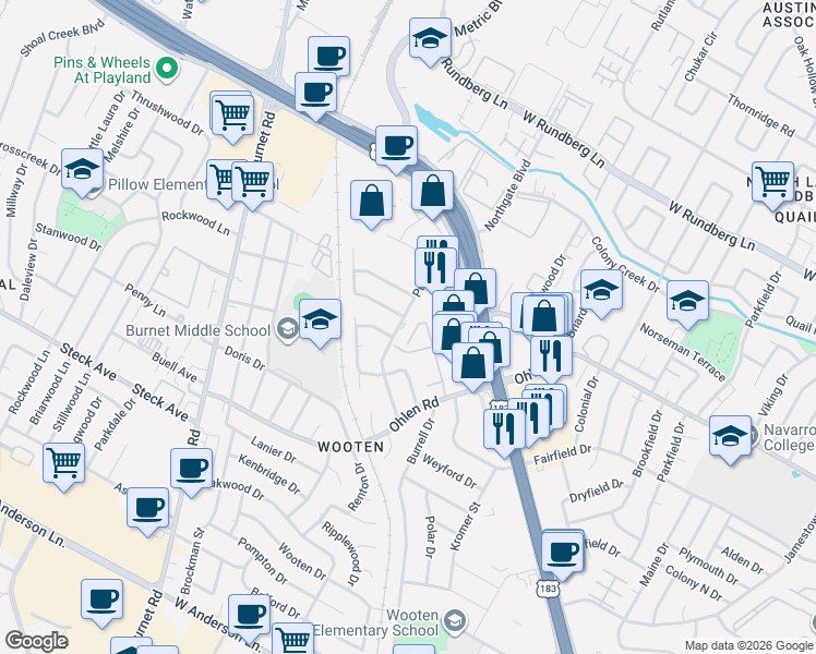 map of restaurants, bars, coffee shops, grocery stores, and more near 8605 Putnam Drive in Austin