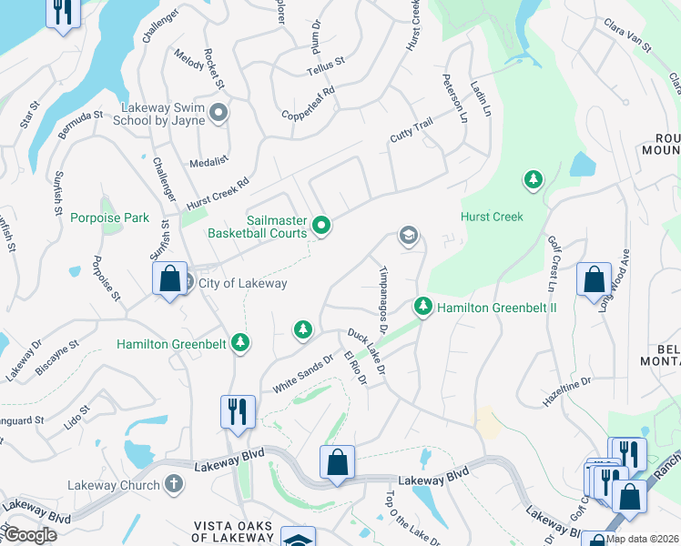 map of restaurants, bars, coffee shops, grocery stores, and more near 211 Palos Verdes Drive in Lakeway