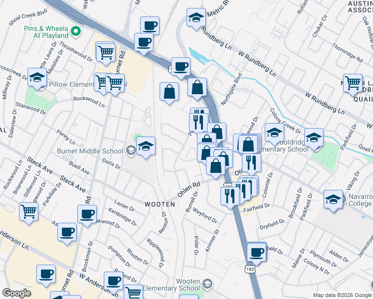 map of restaurants, bars, coffee shops, grocery stores, and more near 8603 Putnam Drive in Austin