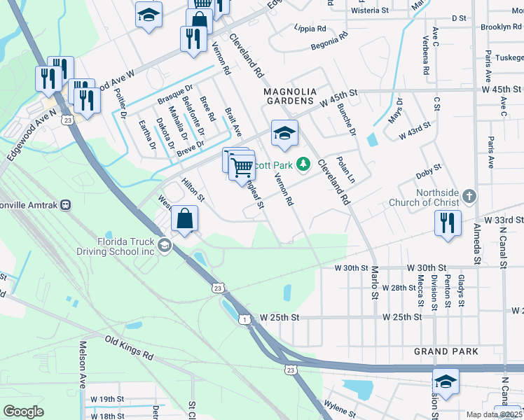 map of restaurants, bars, coffee shops, grocery stores, and more near 2801 Hilton Street in Jacksonville