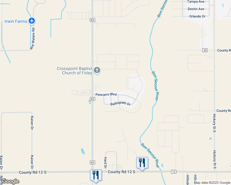 map of restaurants, bars, coffee shops, grocery stores, and more near 1249 Pencarro Boulevard in Foley