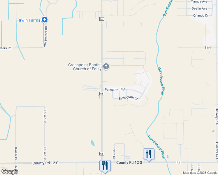 map of restaurants, bars, coffee shops, grocery stores, and more near 3305 Bellingrath Drive in Foley