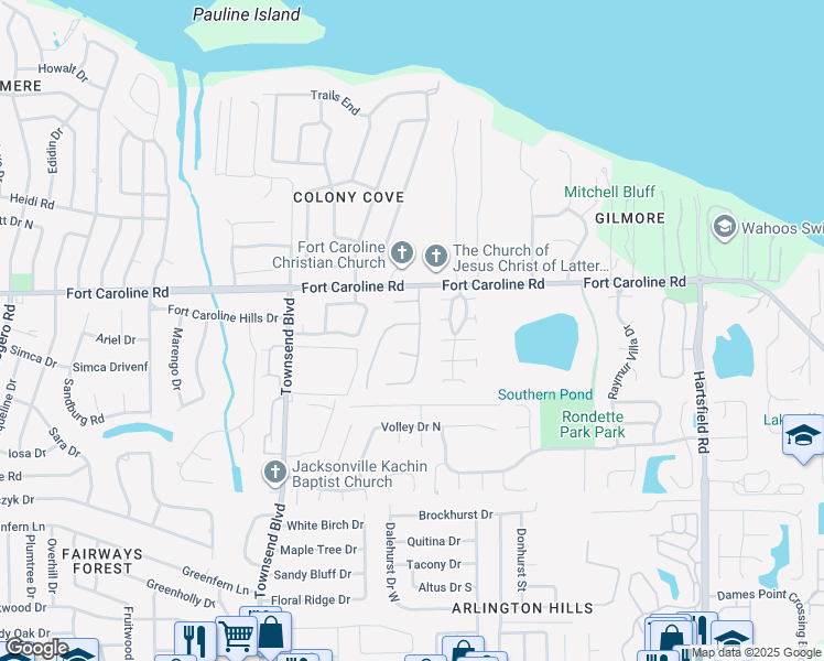 map of restaurants, bars, coffee shops, grocery stores, and more near 7725 Lynchburg Court West in Jacksonville
