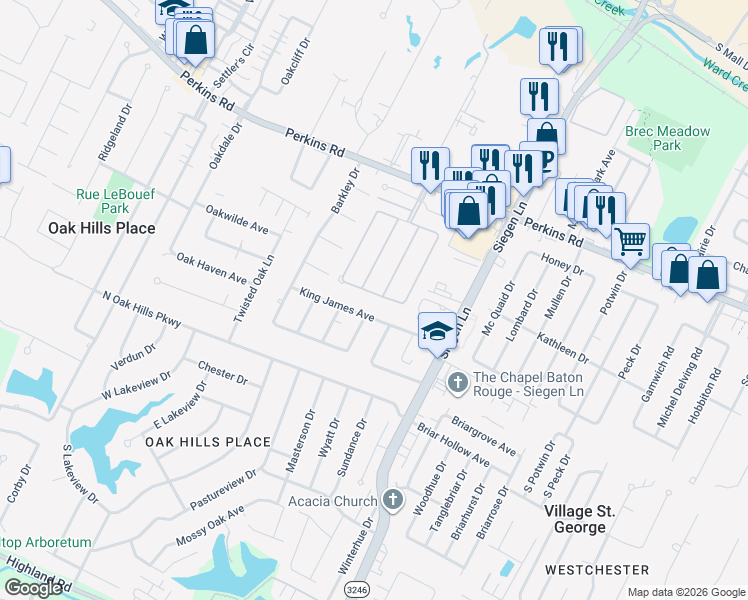 map of restaurants, bars, coffee shops, grocery stores, and more near 12637 King James Avenue in Baton Rouge