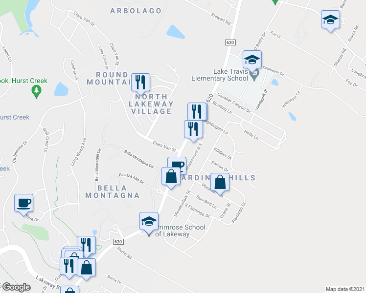 map of restaurants, bars, coffee shops, grocery stores, and more near 183 Ranch Road 620 South in Lakeway