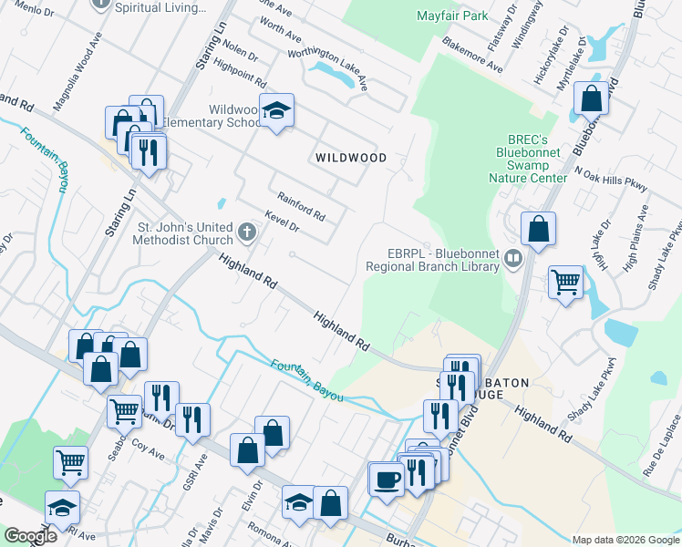 map of restaurants, bars, coffee shops, grocery stores, and more near 240 Myrtle Hill Drive in Baton Rouge