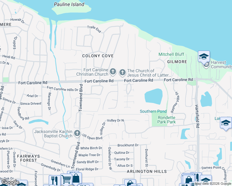 map of restaurants, bars, coffee shops, grocery stores, and more near 7725 Lynchburg Court West in Jacksonville